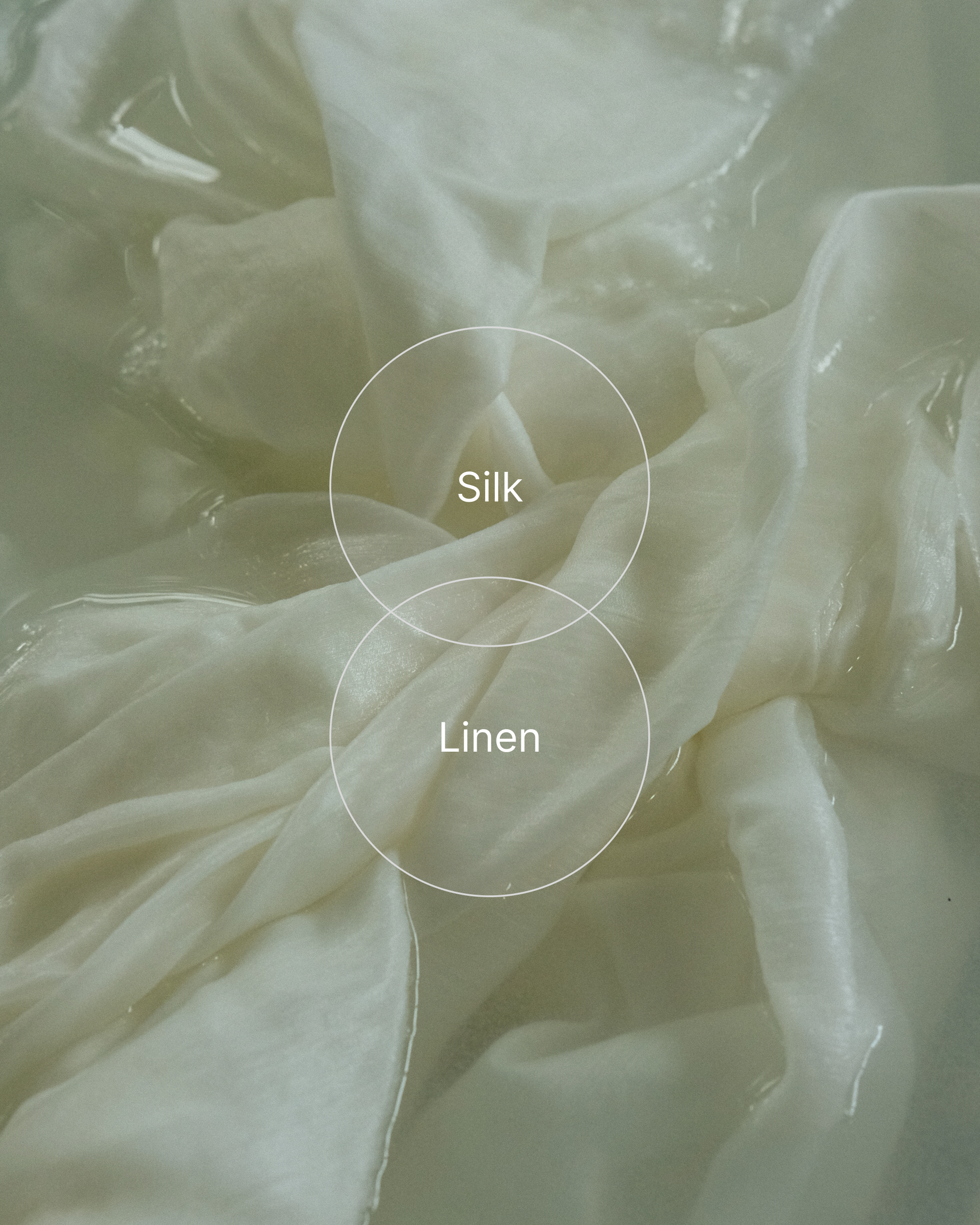 Close-up of draped off-white fabric with two translucent circles labeled 'Silk' and 'Linen' over the center, showing a soft textured material surface.